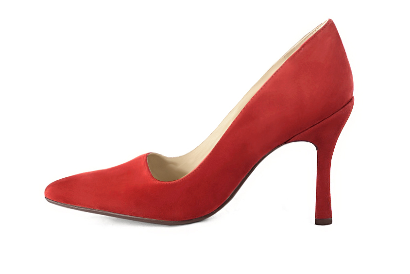 Scarlet red women's dress pumps,with a square neckline. Tapered toe. Very high spool heels. Profile view - Florence KOOIJMAN